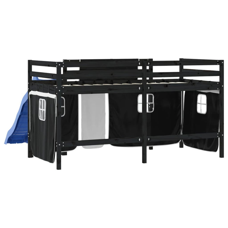 Kinderhoogslaper met gordijnen 90x190 cm grenenhout wit zwart