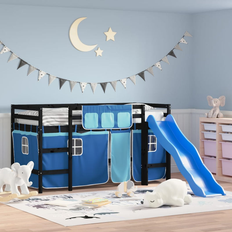 Kinderhoogslaper met gordijnen 90x190 cm grenenhout blauw