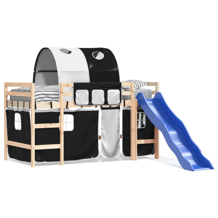 Kinderhoogslaper met tunnel 80x200 cm grenenhout wit en zwart