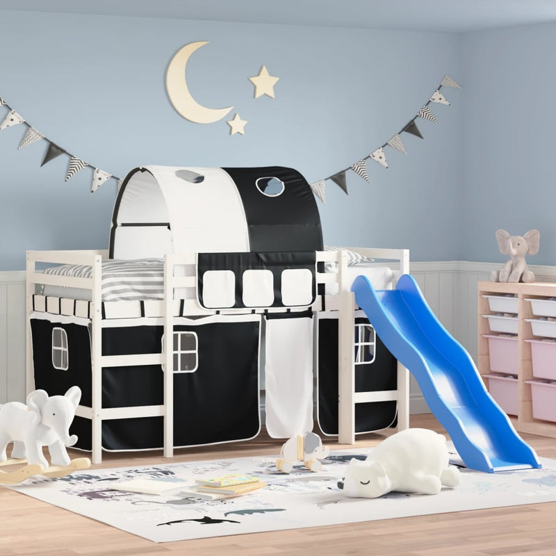 Kinderhoogslaper met tunnel 90x190 cm grenenhout wit en zwart