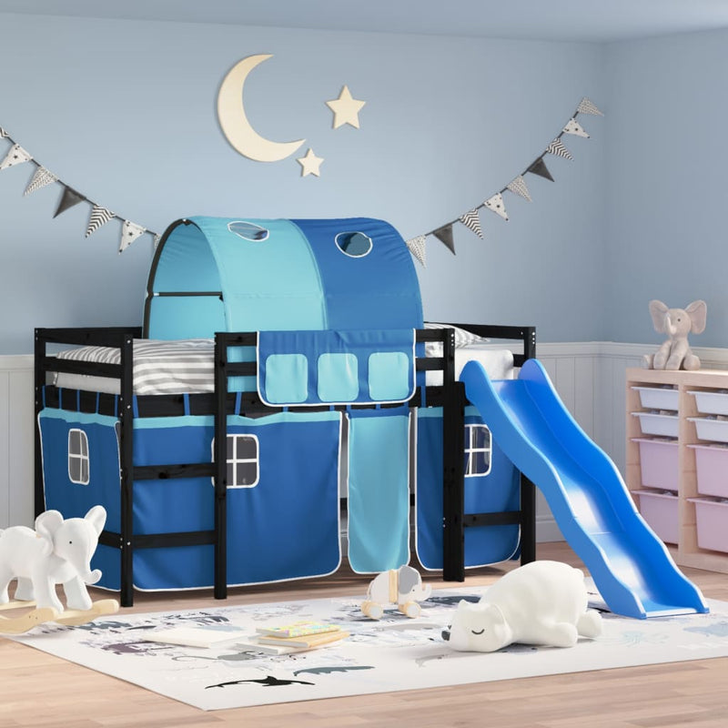 Kinderhoogslaper met tunnel 90x190 cm massief grenenhout blauw