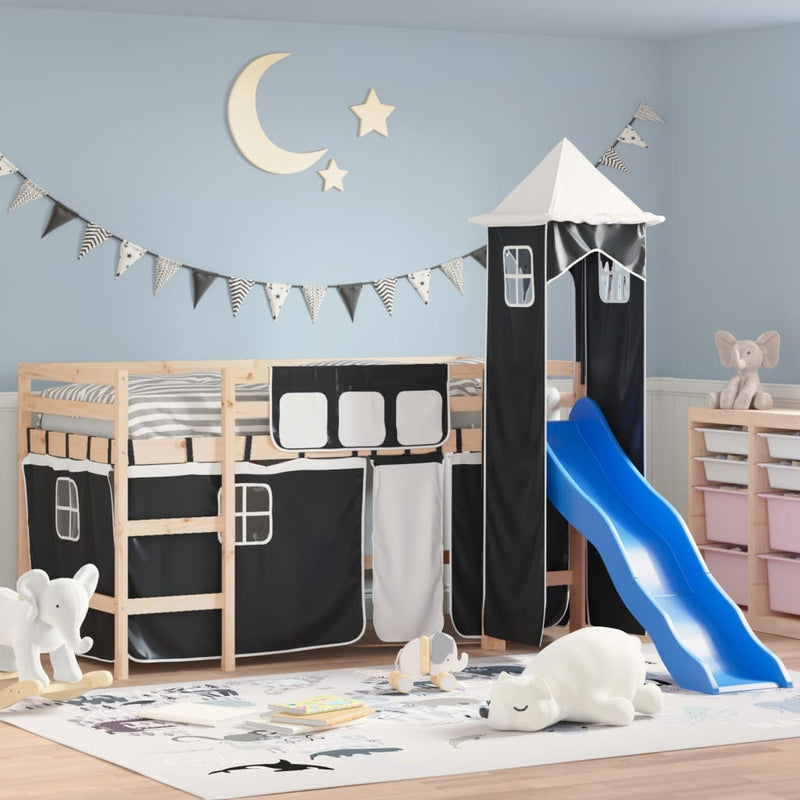 Kinderhoogslaper met toren 80x200 cm grenenhout wit en zwart