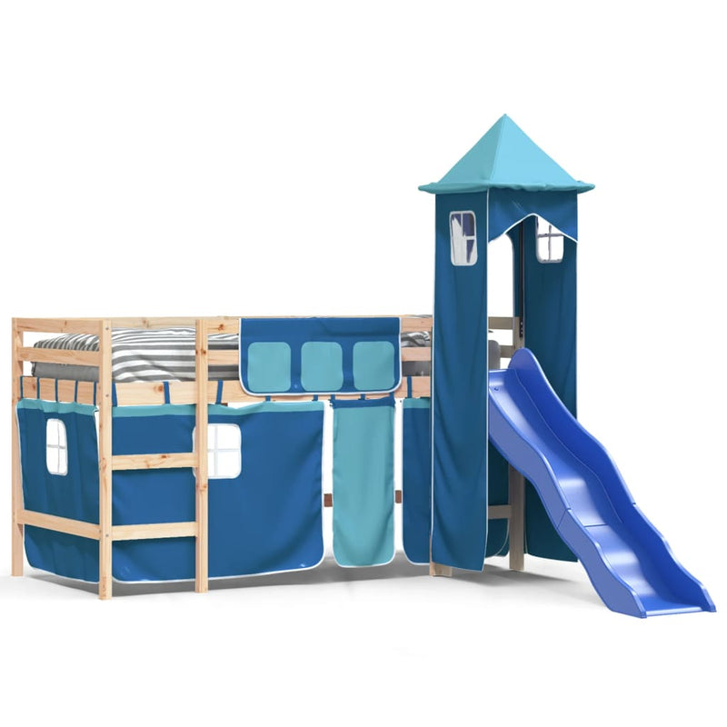 Kinderhoogslaper met toren 80x200 cm massief grenenhout blauw