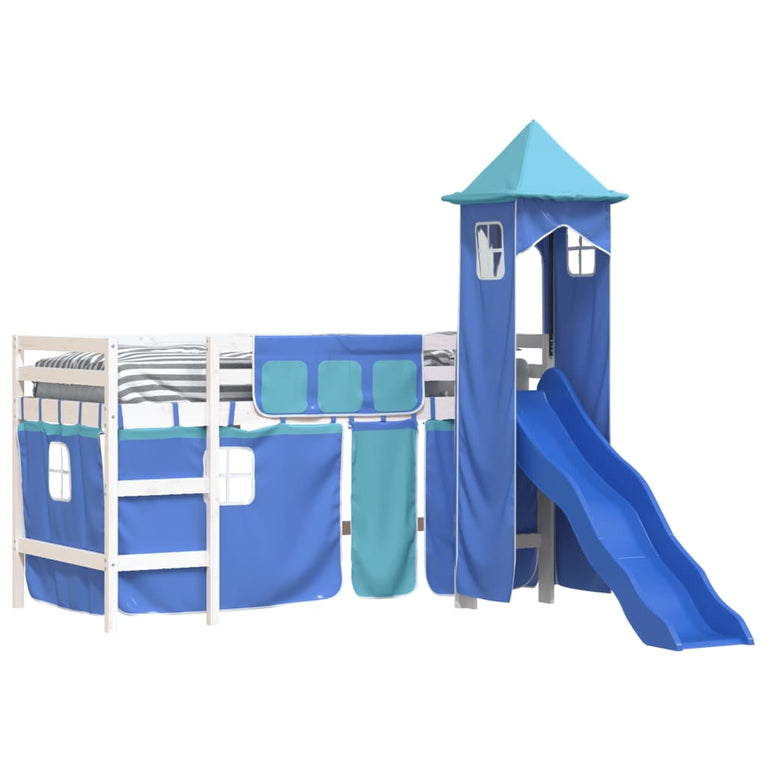 Kinderhoogslaper met toren 90x200 cm massief grenenhout blauw
