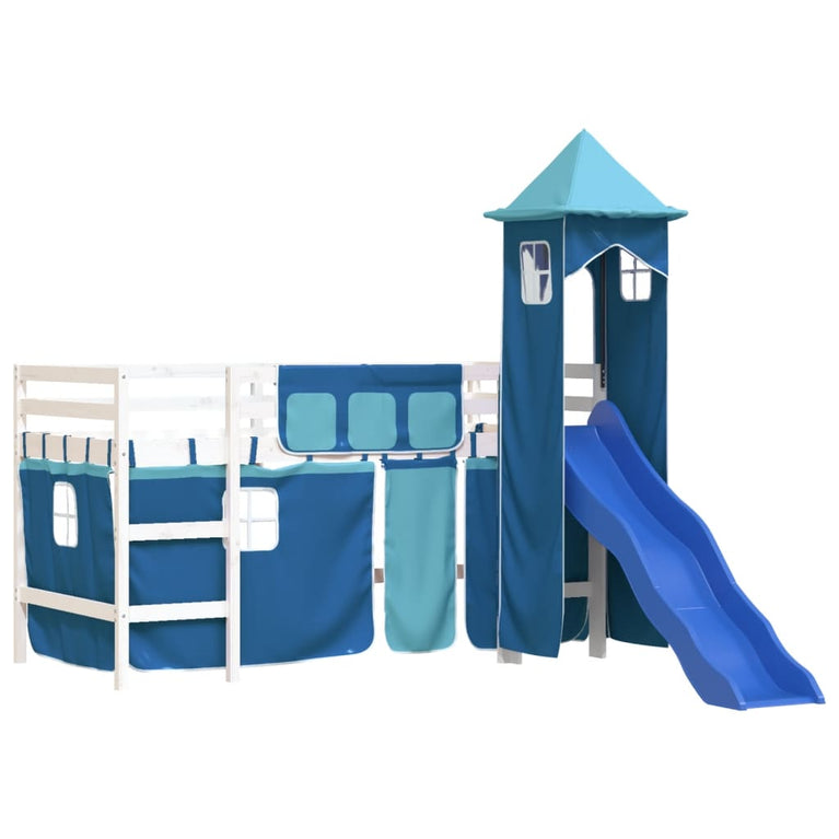 Kinderhoogslaper met toren 90x200 cm massief grenenhout blauw