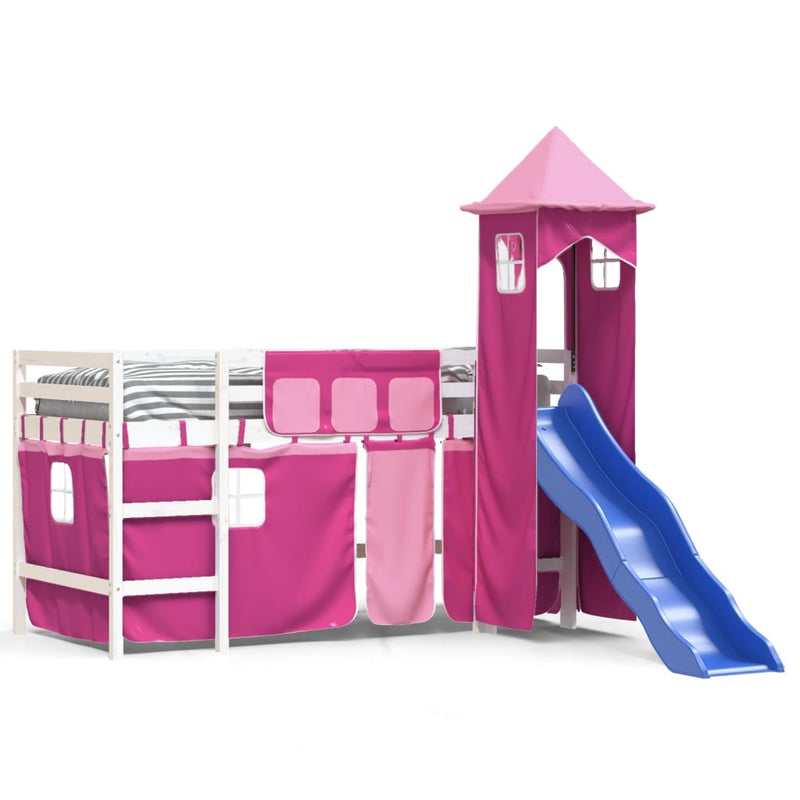 Kinderhoogslaper met toren 90x200 cm massief grenenhout roze