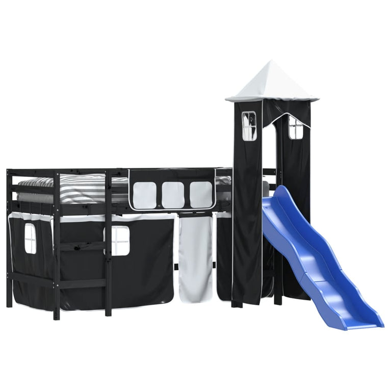 Kinderhoogslaper met toren 90x200 cm grenenhout wit en zwart
