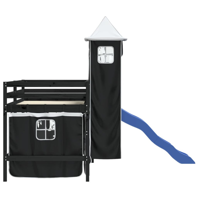 Kinderhoogslaper met toren 90x200 cm grenenhout wit en zwart