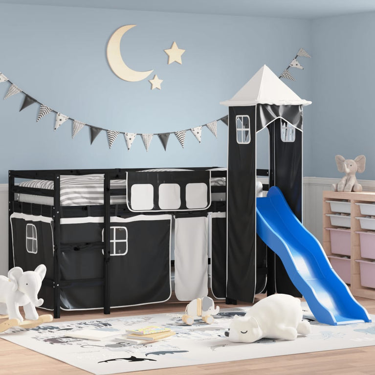 Kinderhoogslaper met toren 90x200 cm grenenhout wit en zwart