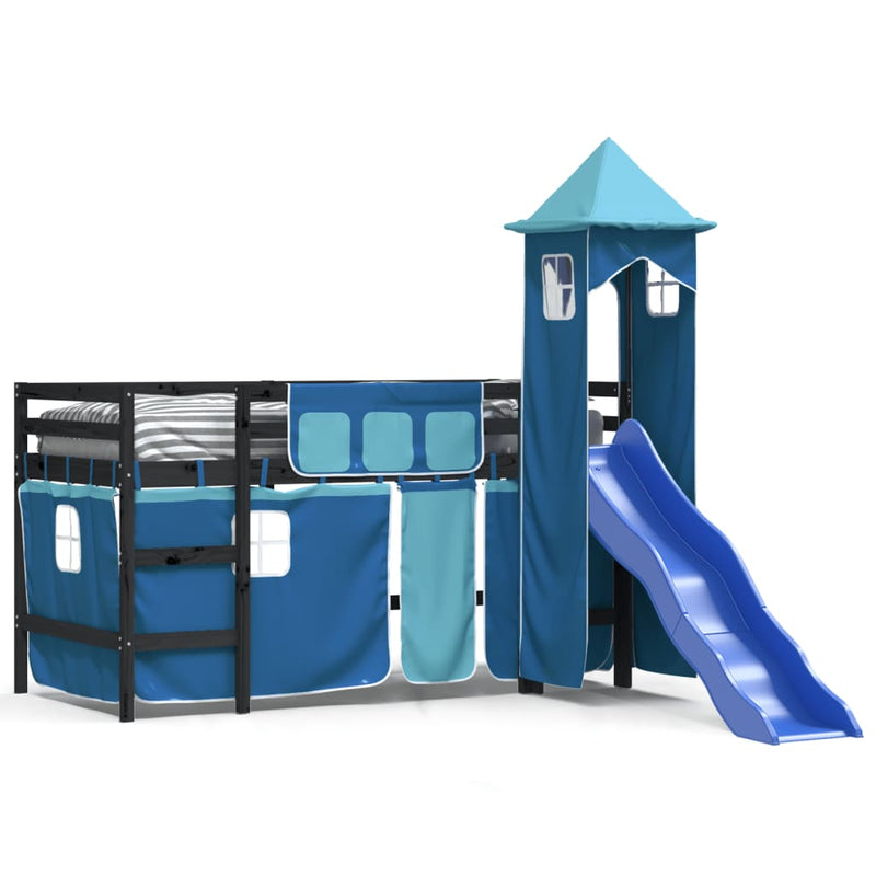Kinderhoogslaper met toren 90x200 cm massief grenenhout blauw