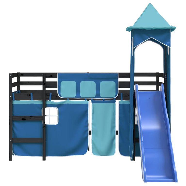 Kinderhoogslaper met toren 90x200 cm massief grenenhout blauw