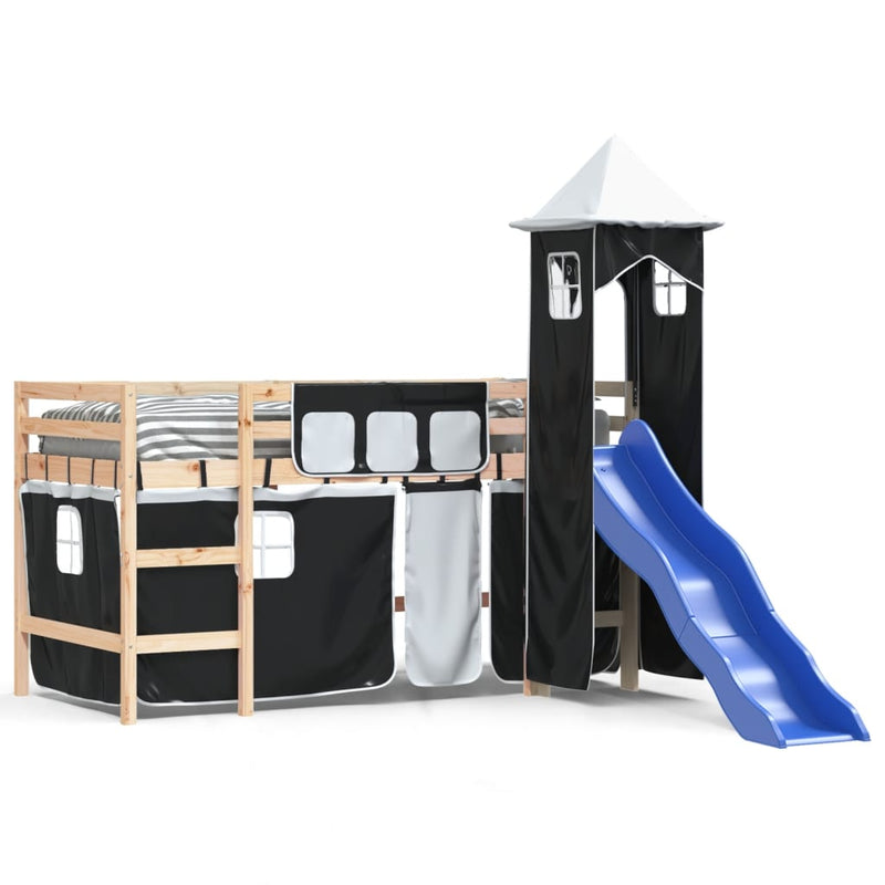 Kinderhoogslaper met toren 90x190 cm grenenhout wit en zwart