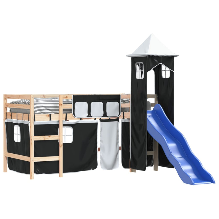 Kinderhoogslaper met toren 90x190 cm grenenhout wit en zwart