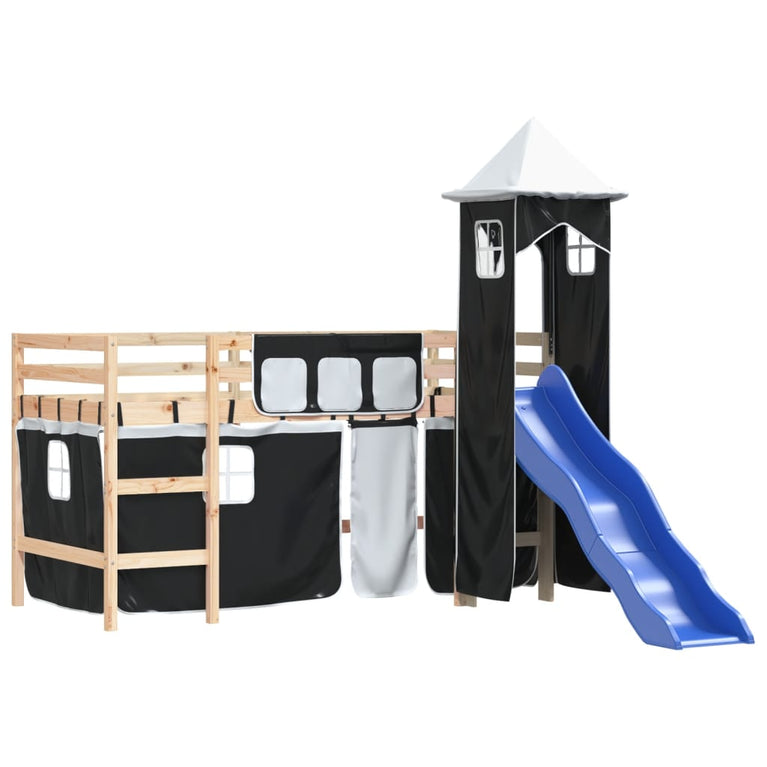 Kinderhoogslaper met toren 90x190 cm grenenhout wit en zwart