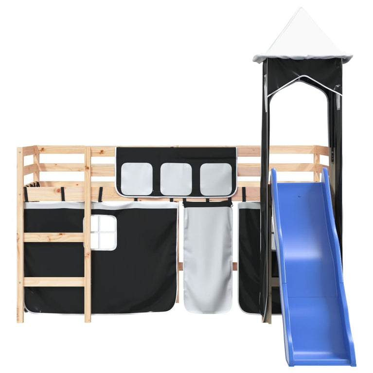 Kinderhoogslaper met toren 90x190 cm grenenhout wit en zwart