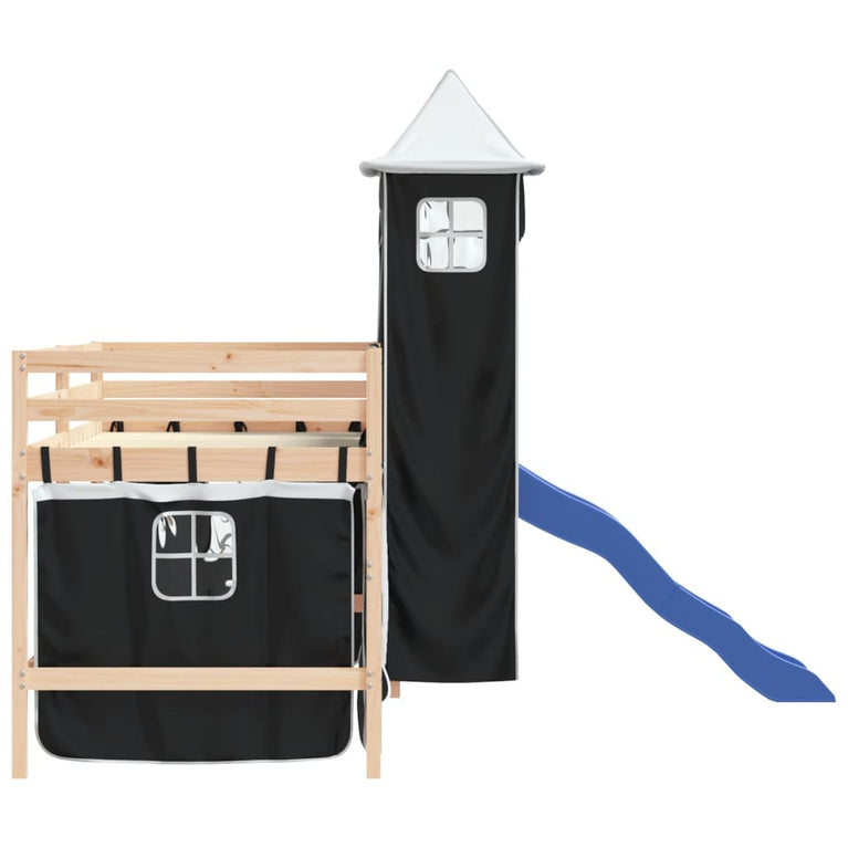 Kinderhoogslaper met toren 90x190 cm grenenhout wit en zwart