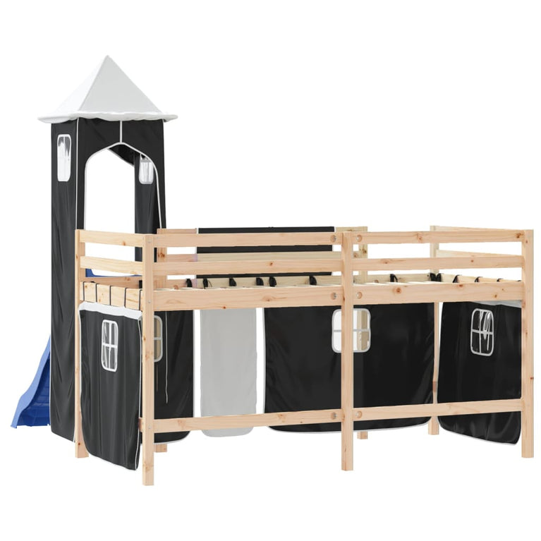 Kinderhoogslaper met toren 90x190 cm grenenhout wit en zwart