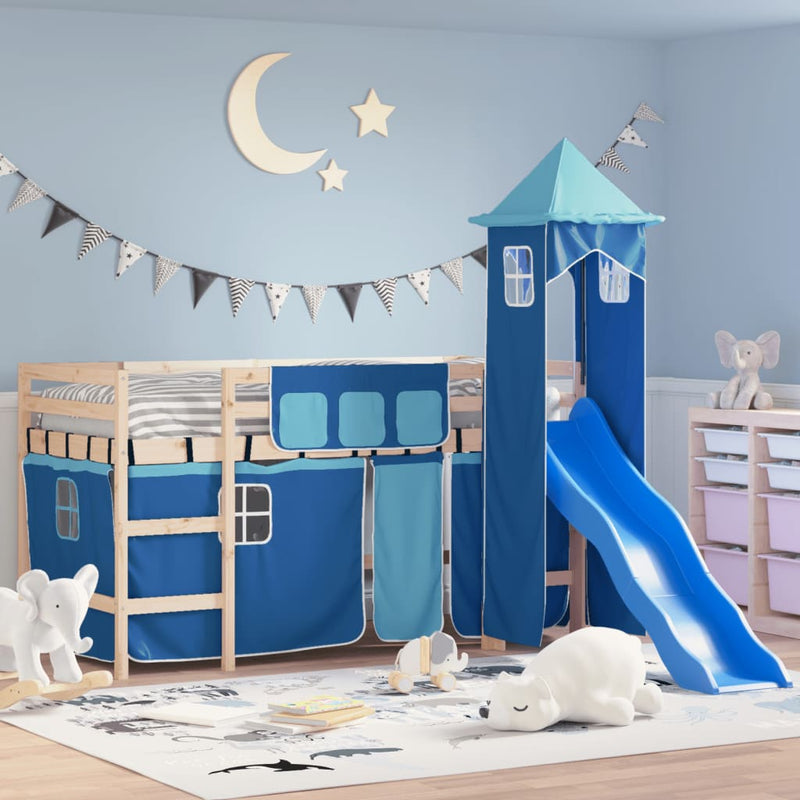 Kinderhoogslaper met toren 90x190 cm massief grenenhout blauw