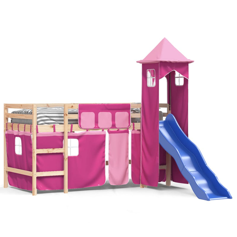 Kinderhoogslaper met toren 90x190 cm massief grenenhout roze