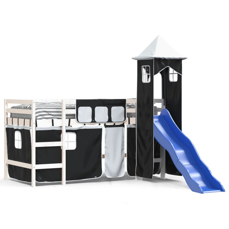 Kinderhoogslaper met toren 90x190 cm grenenhout wit en zwart