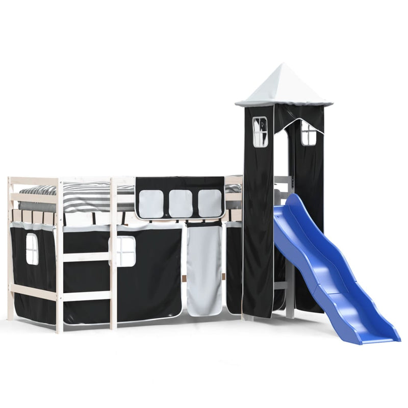Kinderhoogslaper met toren 90x190 cm grenenhout wit en zwart