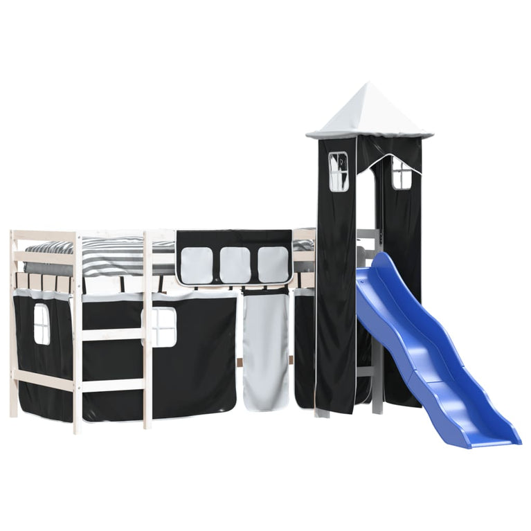 Kinderhoogslaper met toren 90x190 cm grenenhout wit en zwart