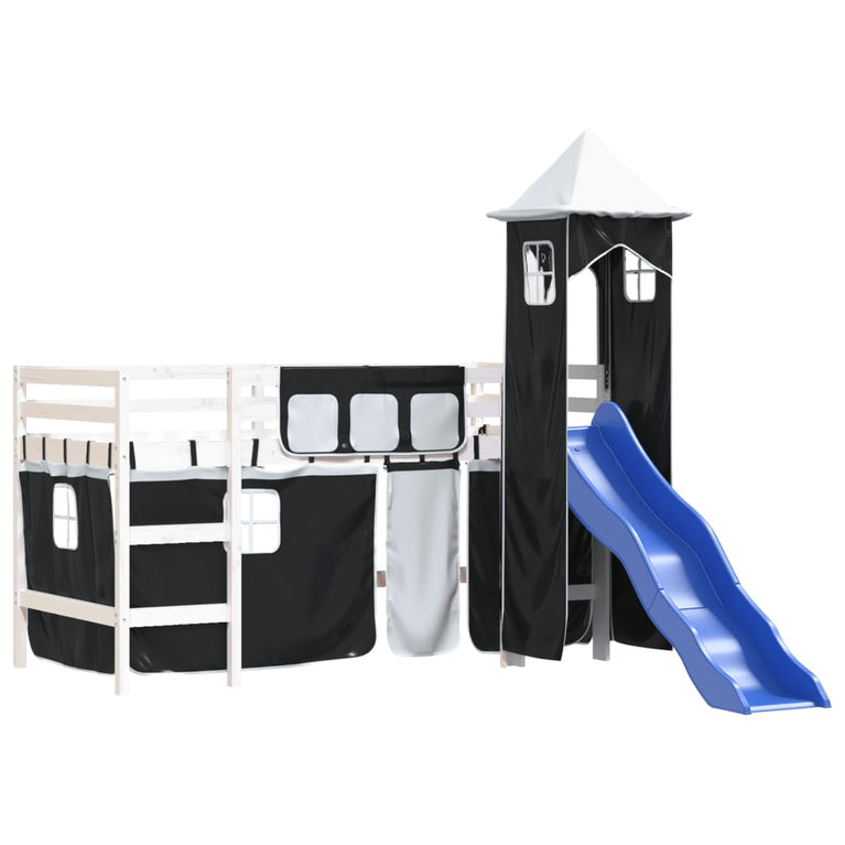 Kinderhoogslaper met toren 90x190 cm grenenhout wit en zwart
