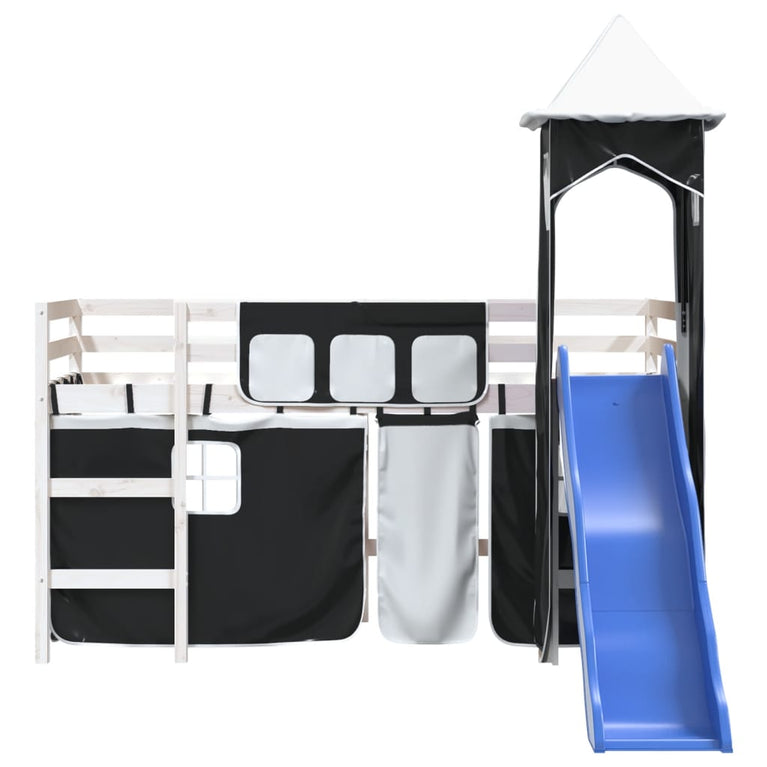 Kinderhoogslaper met toren 90x190 cm grenenhout wit en zwart