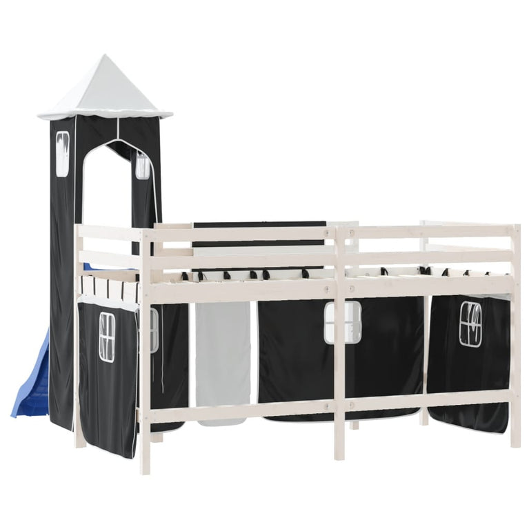 Kinderhoogslaper met toren 90x190 cm grenenhout wit en zwart