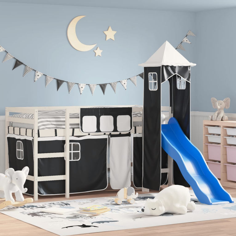 Kinderhoogslaper met toren 90x190 cm grenenhout wit en zwart