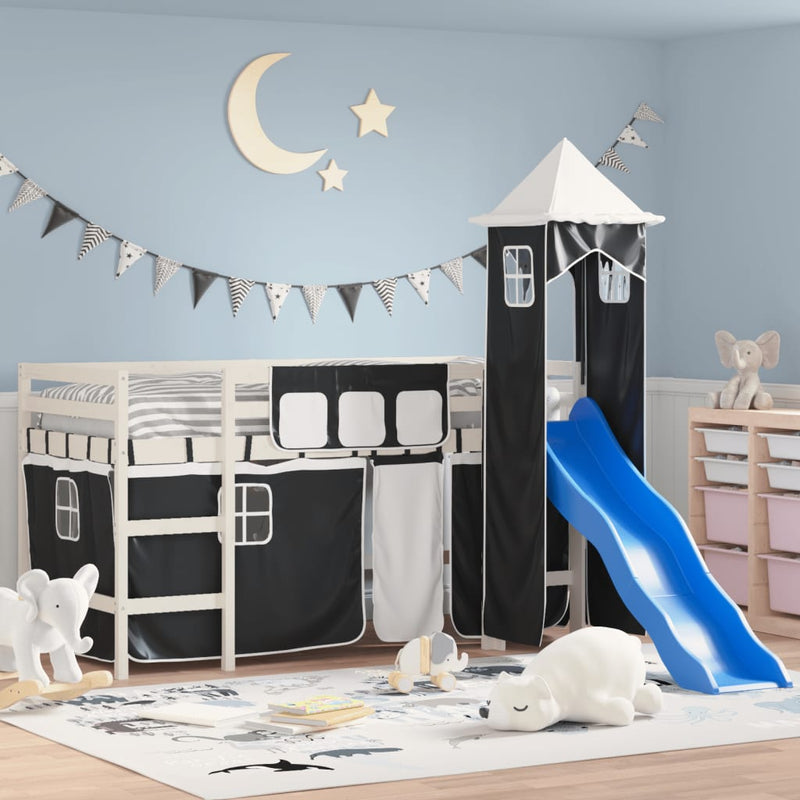 Kinderhoogslaper met toren 90x190 cm grenenhout wit en zwart