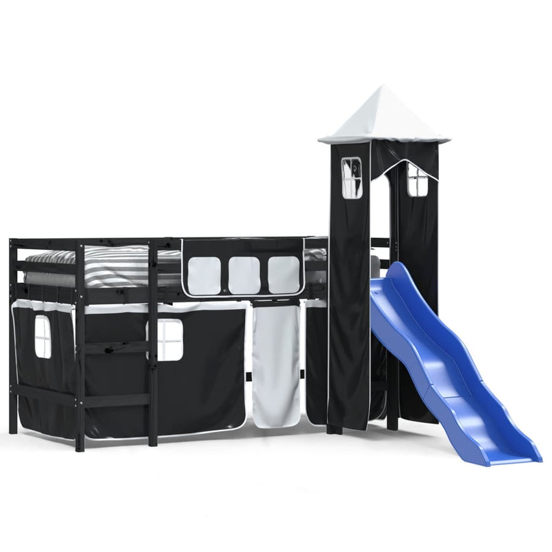 Kinderhoogslaper met toren 90x190 cm grenenhout wit en zwart