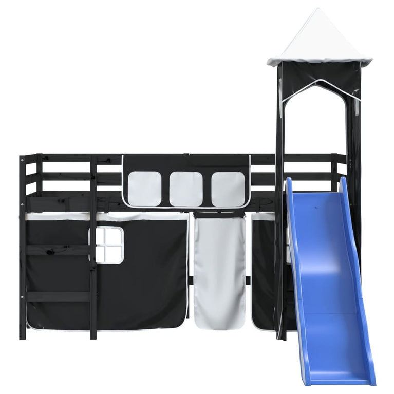 Kinderhoogslaper met toren 90x190 cm grenenhout wit en zwart