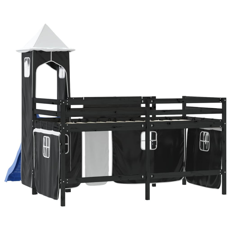 Kinderhoogslaper met toren 90x190 cm grenenhout wit en zwart