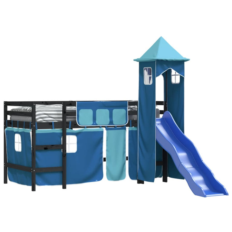 Kinderhoogslaper met toren 90x190 cm massief grenenhout blauw