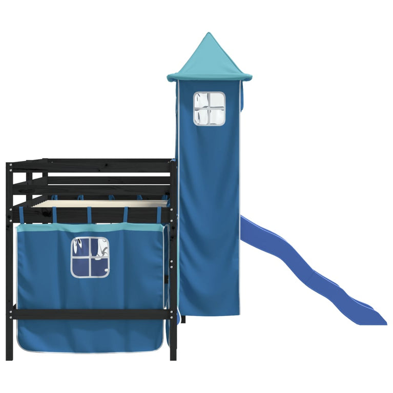 Kinderhoogslaper met toren 90x190 cm massief grenenhout blauw