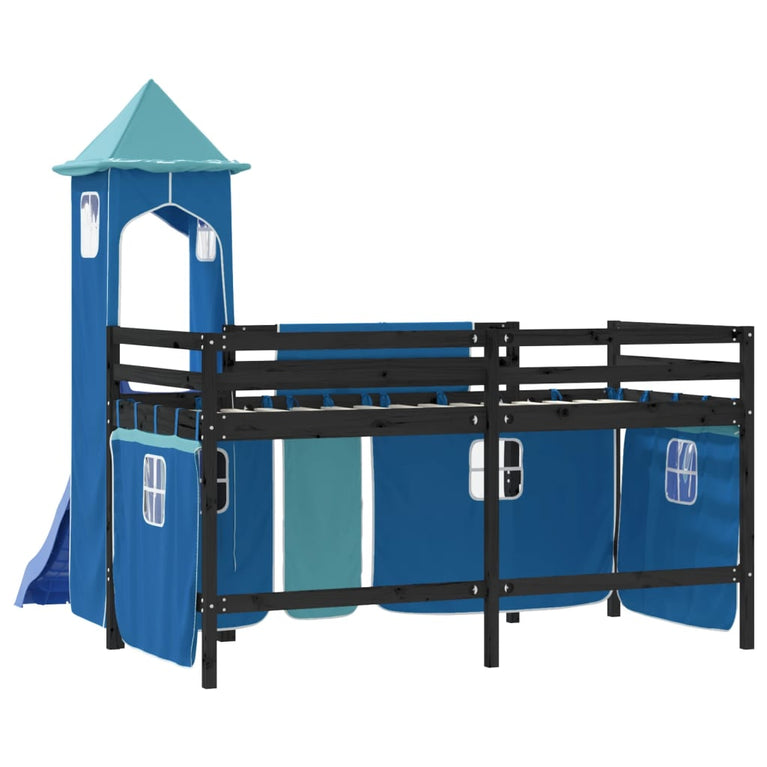 Kinderhoogslaper met toren 90x190 cm massief grenenhout blauw