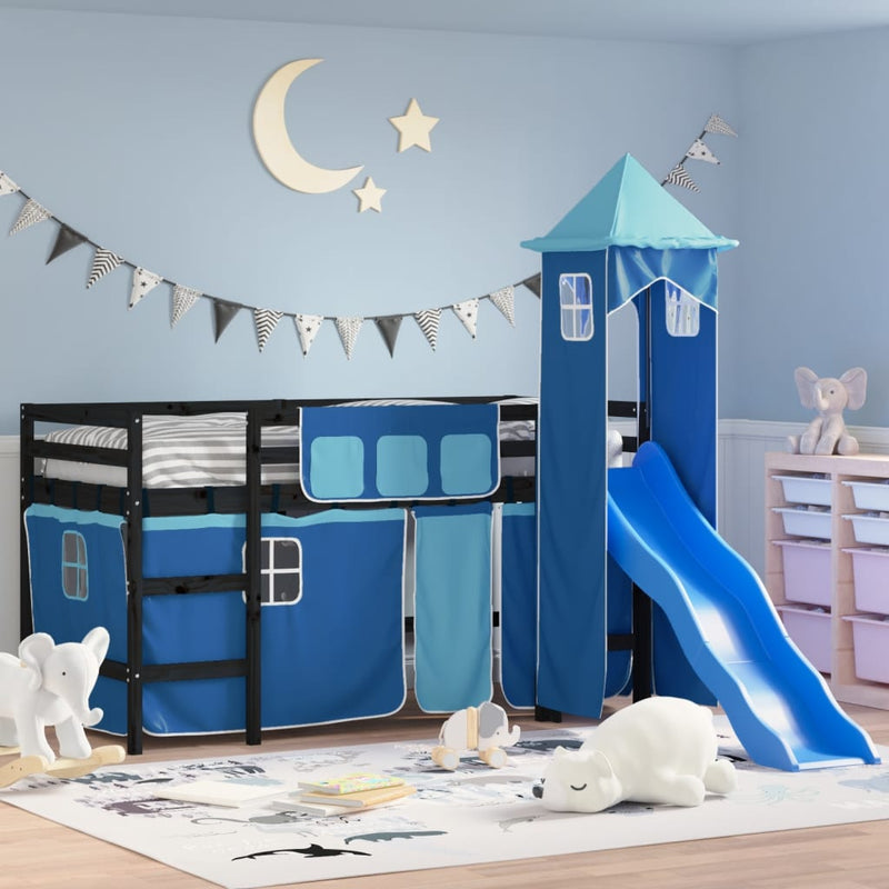Kinderhoogslaper met toren 90x190 cm massief grenenhout blauw