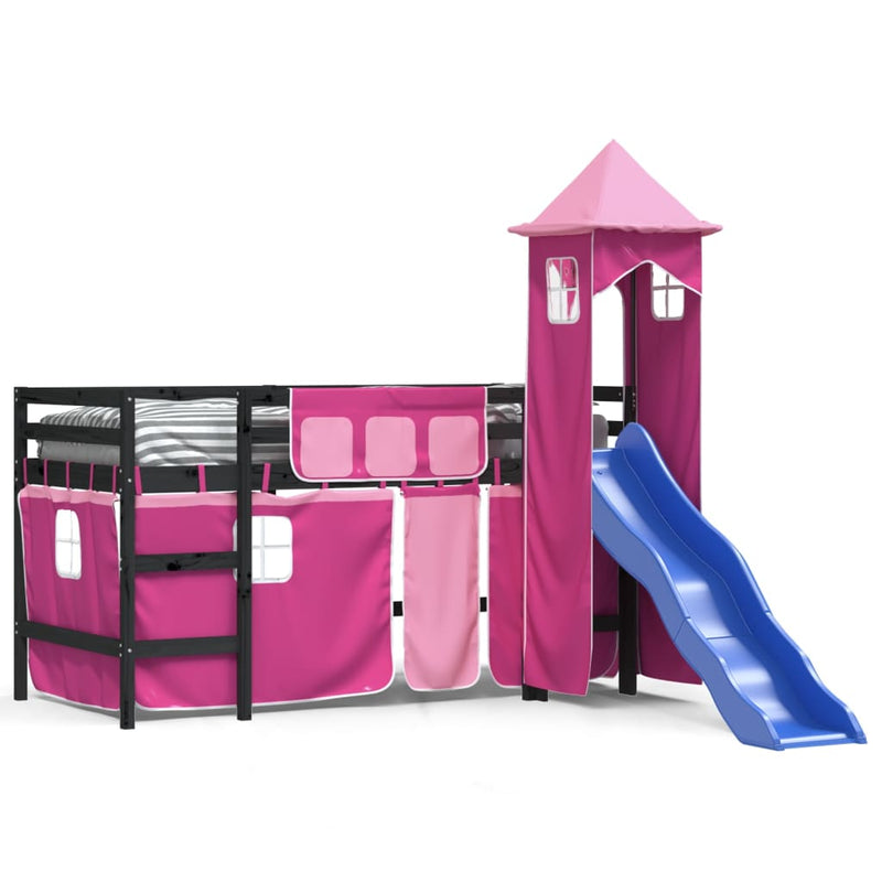 Kinderhoogslaper met toren 90x190 cm massief grenenhout roze