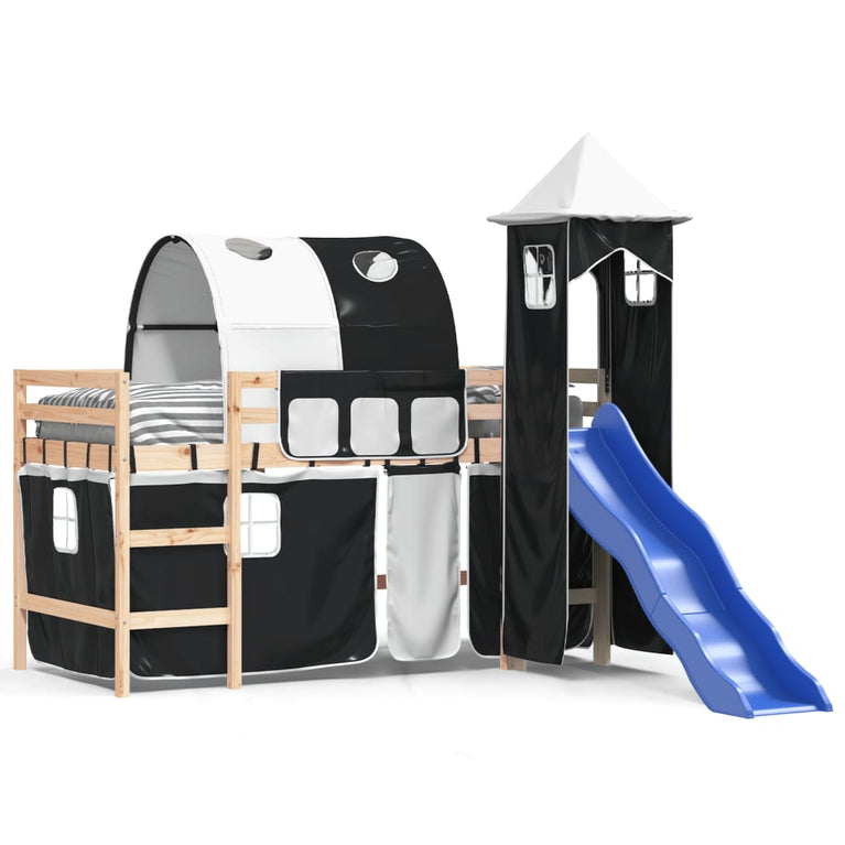 Kinderhoogslaper met toren 80x200 cm grenenhout wit en zwart