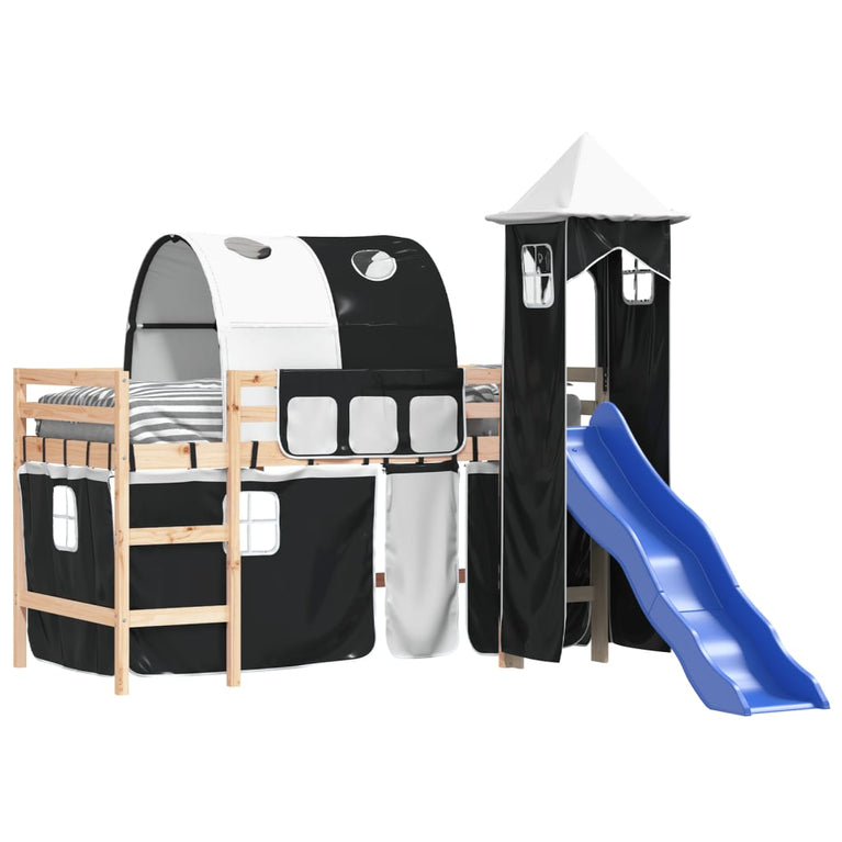 Kinderhoogslaper met toren 80x200 cm grenenhout wit en zwart