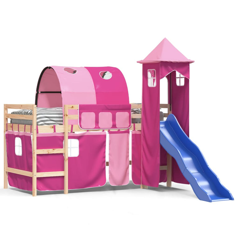 Kinderhoogslaper met toren 80x200 cm massief grenenhout roze