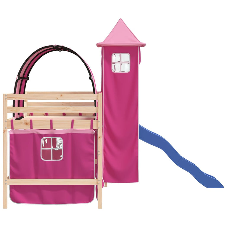 Kinderhoogslaper met toren 80x200 cm massief grenenhout roze