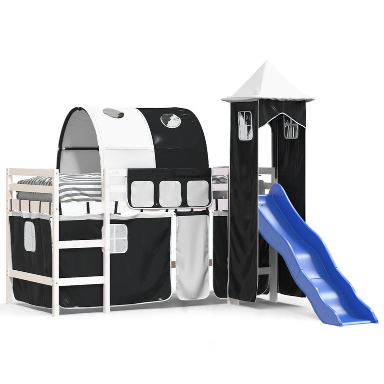 Kinderhoogslaper met toren 80x200 cm grenenhout wit en zwart
