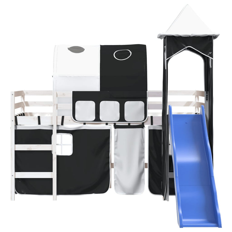 Kinderhoogslaper met toren 80x200 cm grenenhout wit en zwart