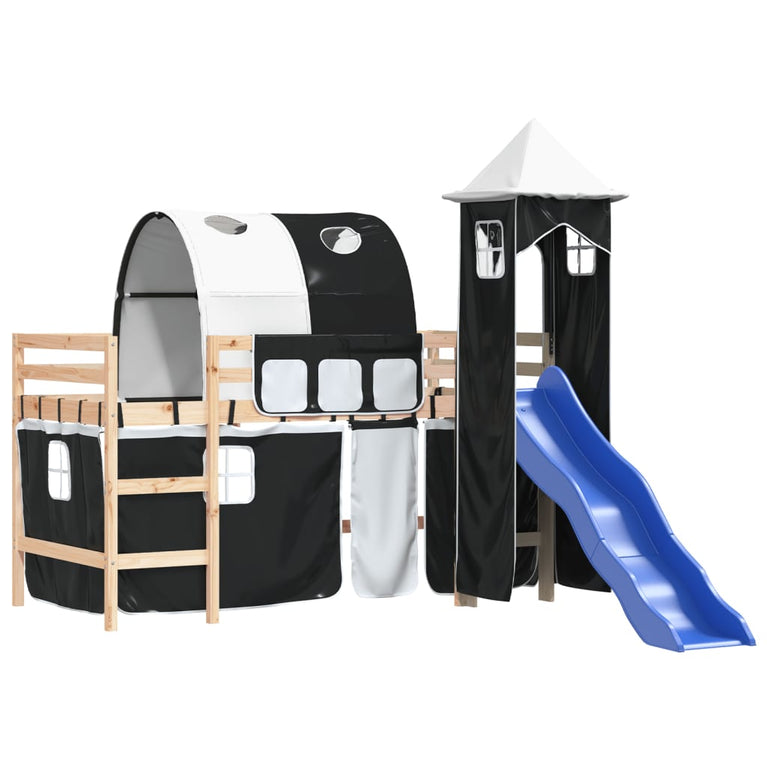 Kinderhoogslaper met toren 90x200 cm grenenhout wit en zwart