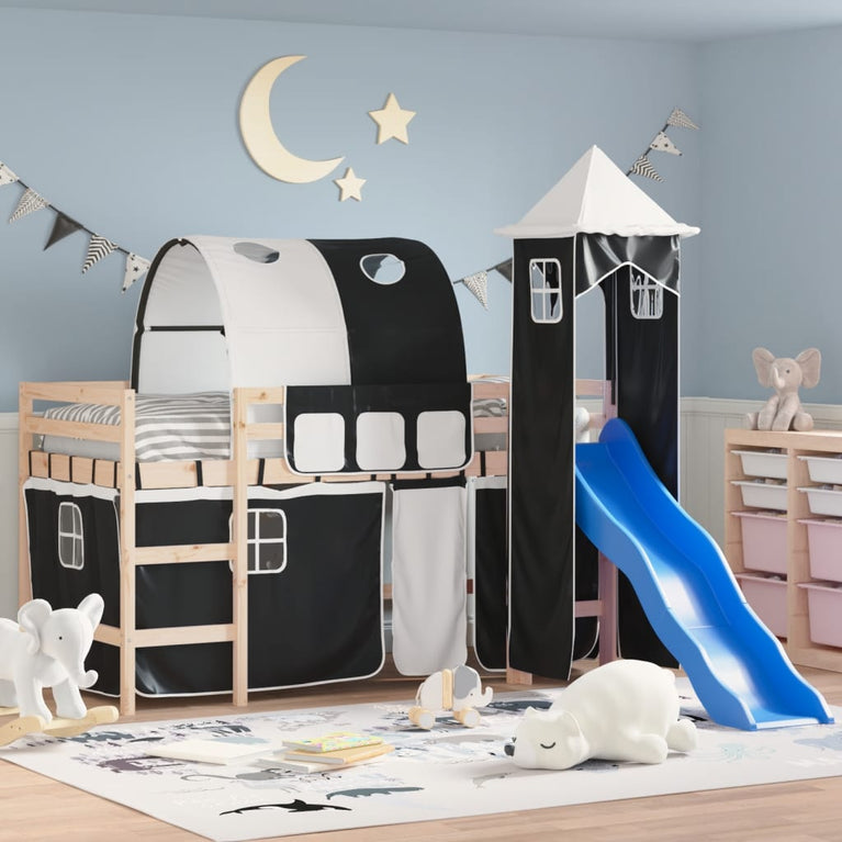 Kinderhoogslaper met toren 90x200 cm grenenhout wit en zwart
