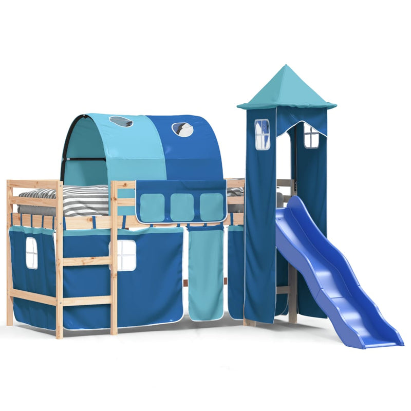 Kinderhoogslaper met toren 90x200 cm massief grenenhout blauw