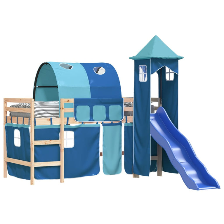 Kinderhoogslaper met toren 90x200 cm massief grenenhout blauw
