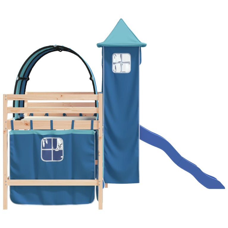 Kinderhoogslaper met toren 90x200 cm massief grenenhout blauw